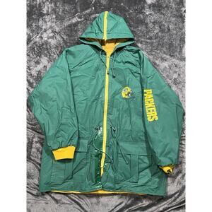 Vintage Green Bay Packers Game Day Jacket XL Hooded Rain Coat Yellow Lining